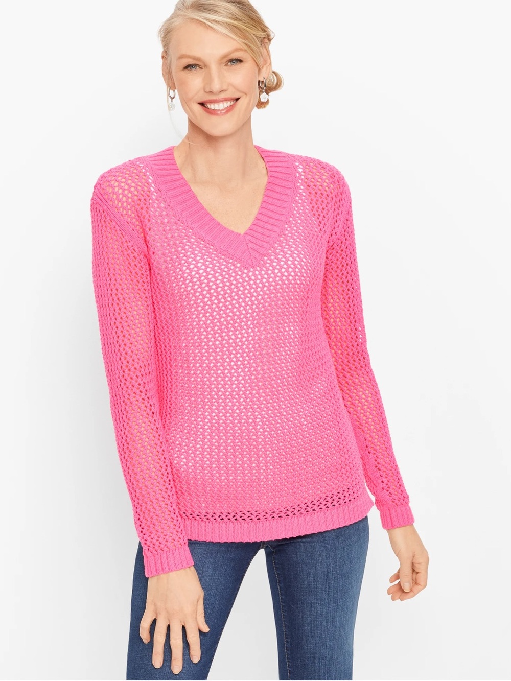 Talbots | Open-Knit V-Neck Sweater in Pink 100% Cotton